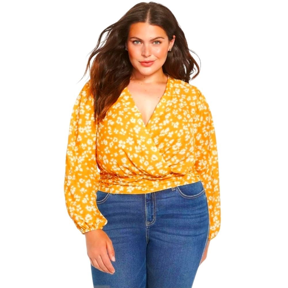 Lane Bryant Classic Long-Sleeve Surplice-Neck Shirred-Waist Crop Blouse Size 20